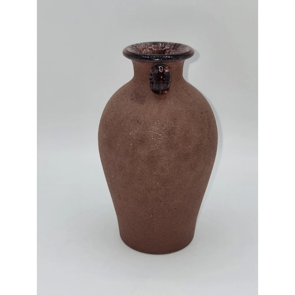 Vintage Art Glass Amphora Vase Brown Satin Finish Applied Scroll Handles